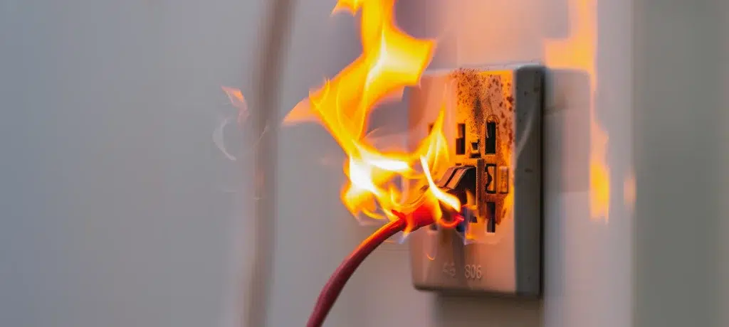 electrical outlet fire with burning wire smoke
